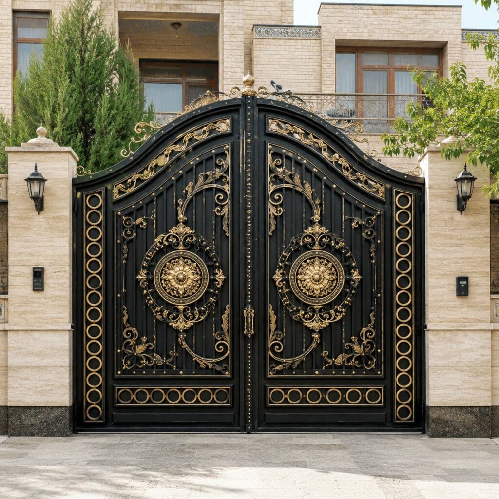 نصب درب پارکینگ مشکی طلایی دو لنگه