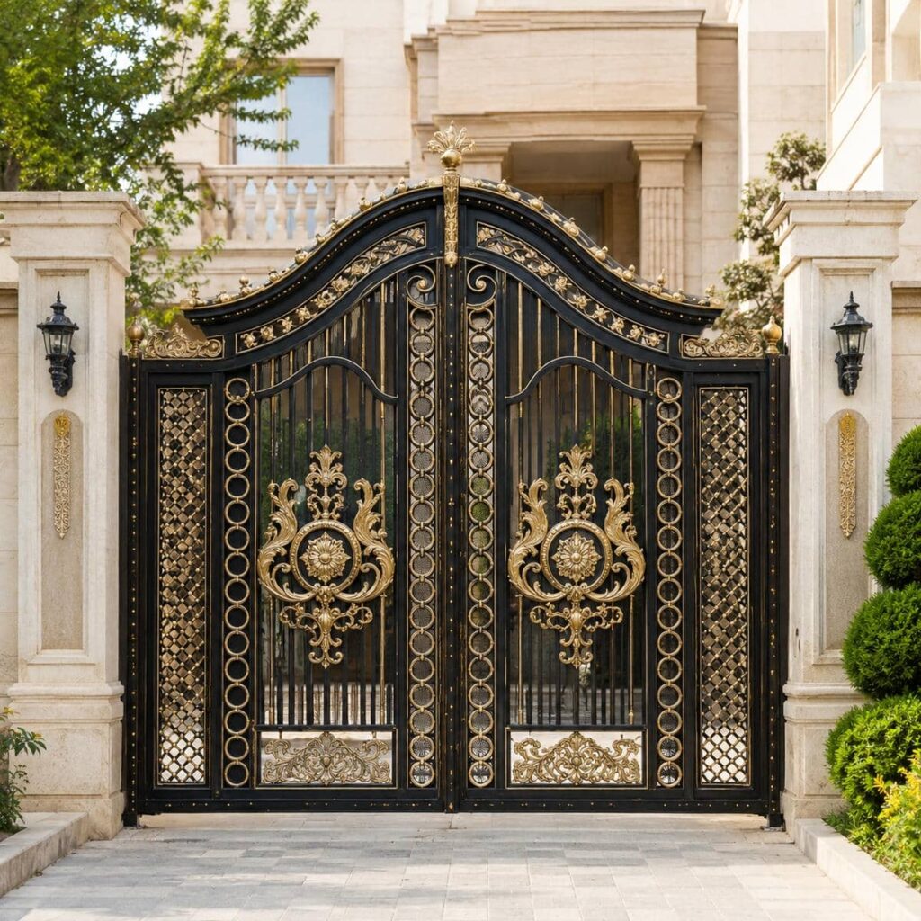 تولید درب حیاط مشکی طلایی فرفورژه
